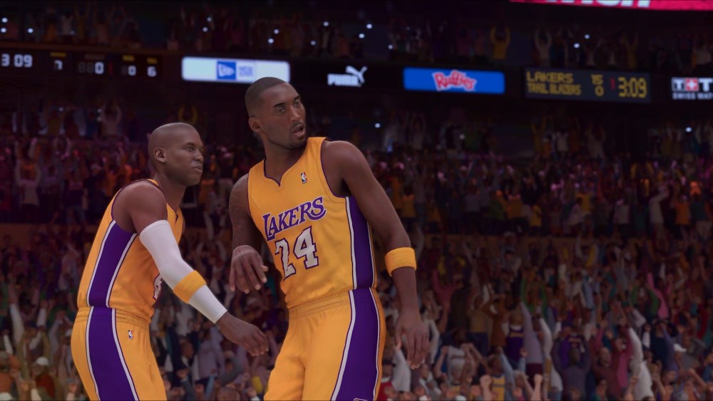 游戏中心人物科比·布莱恩特 (Kobe Bryant) 在《NBA 2k24》中穿着著名的湖人队球衣的图片。