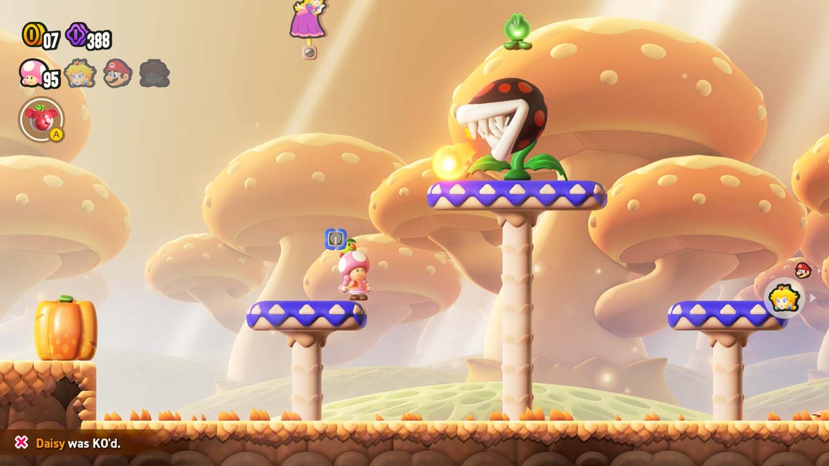 Toadette 在蘑菇主题的《超级马里奥兄弟》游戏关卡中躲避巨大的食人鱼植物