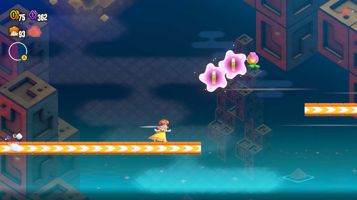 在《超级马里奥兄弟》游戏中，黛西角色在粉红色的云彩和平台中航行。