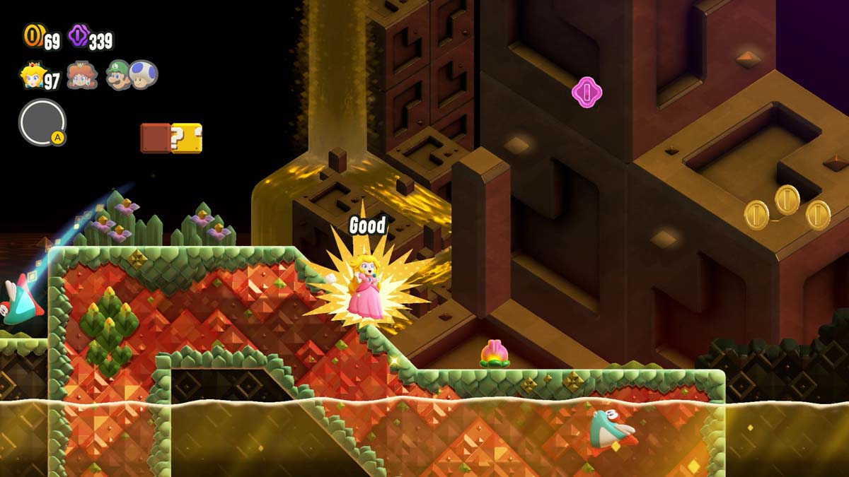 桃子公主在《超级马里奥兄弟》游戏的金色地下关卡中收集金币并躲避敌人。