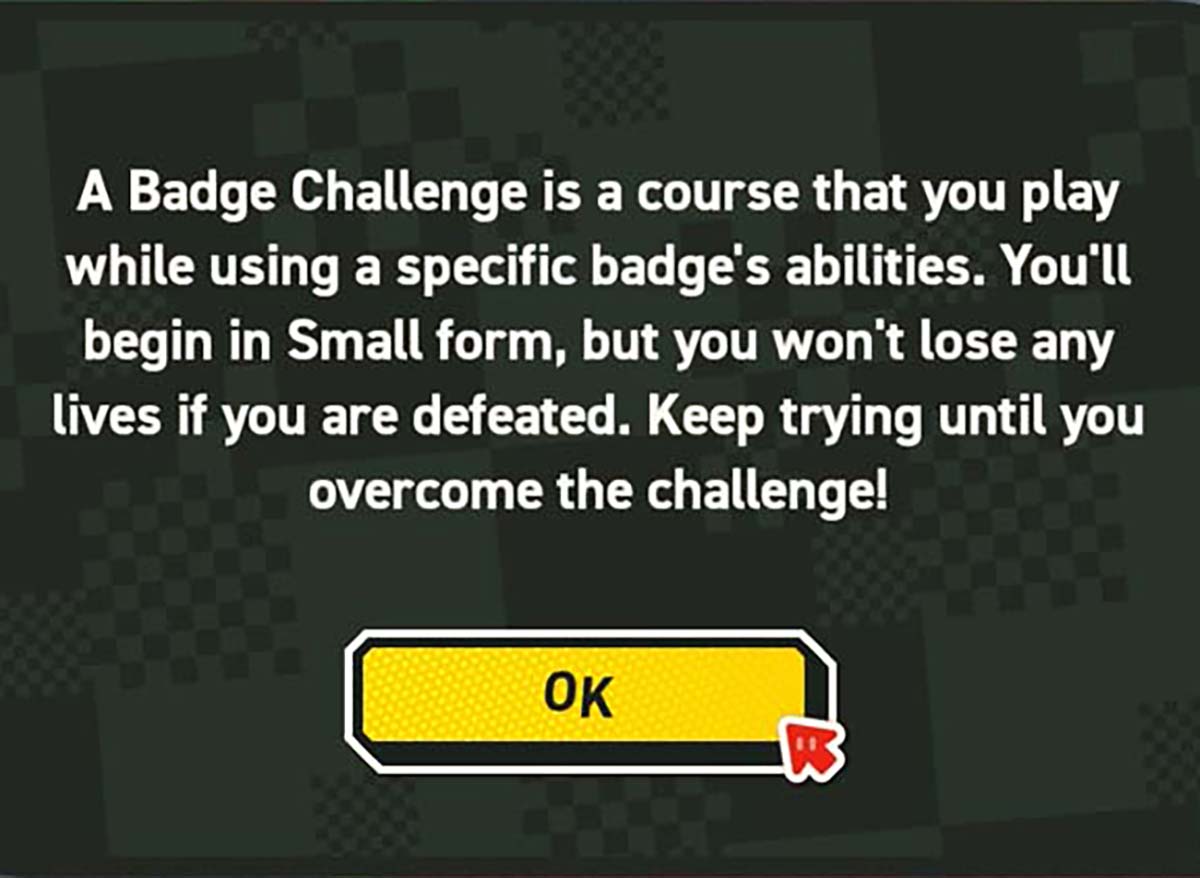   视频游戏中的文本框解释了徽章挑战是一门在失败后不会导致生命损失并鼓励不断尝试的课程。