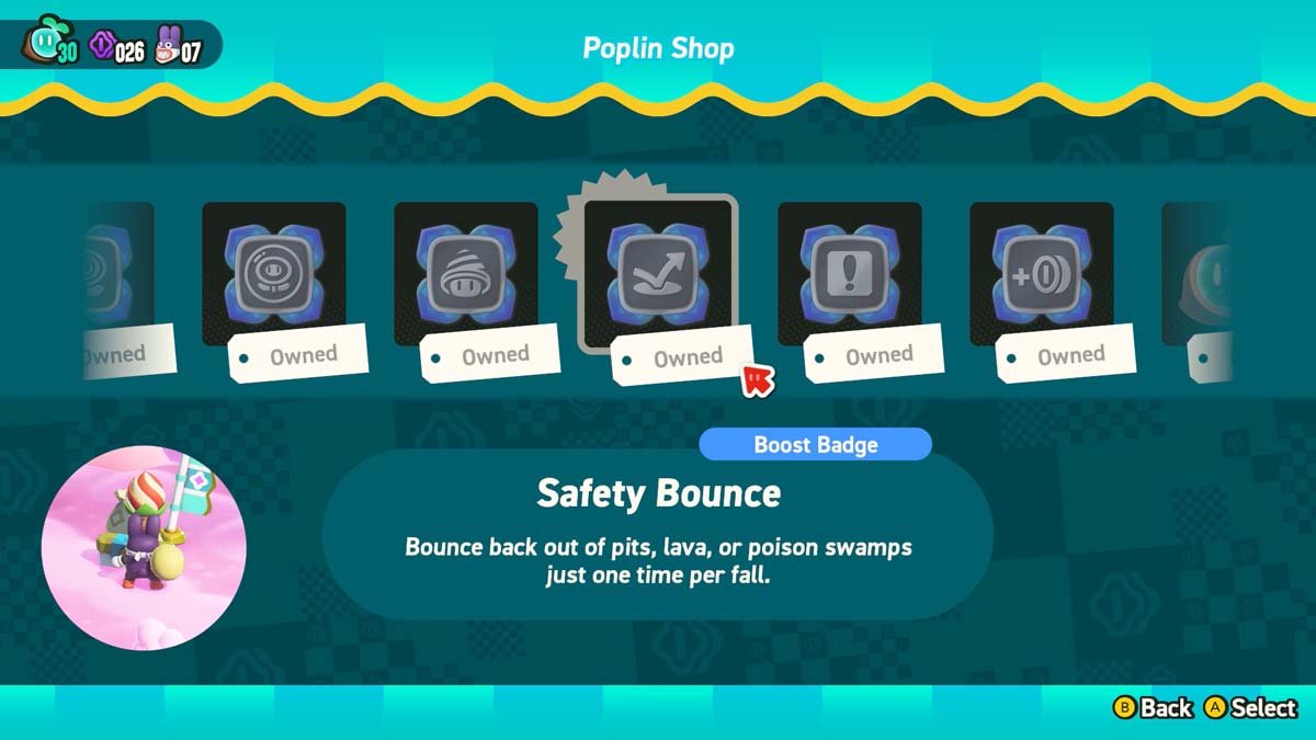 视频游戏中的商店界面，选择“安全弹跳”作为增强徽章，描述其从危险中一次性弹回的能力。