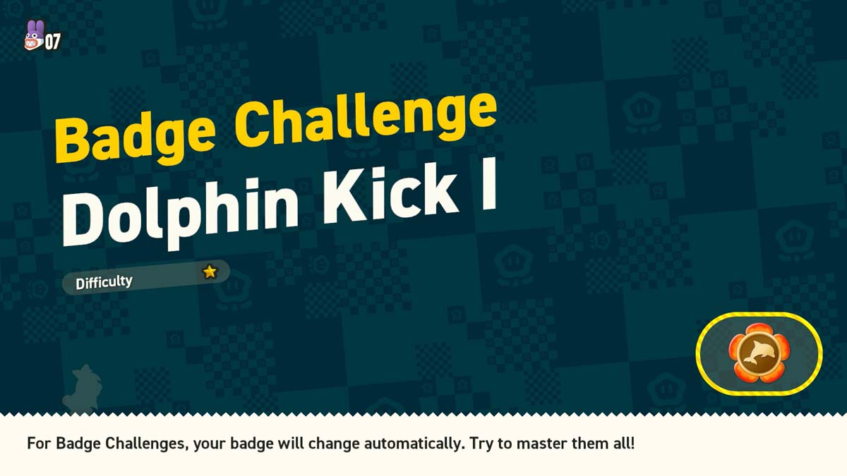 屏幕显示视频游戏界面中一星难度的“Dolphin Kick I”徽章挑战。