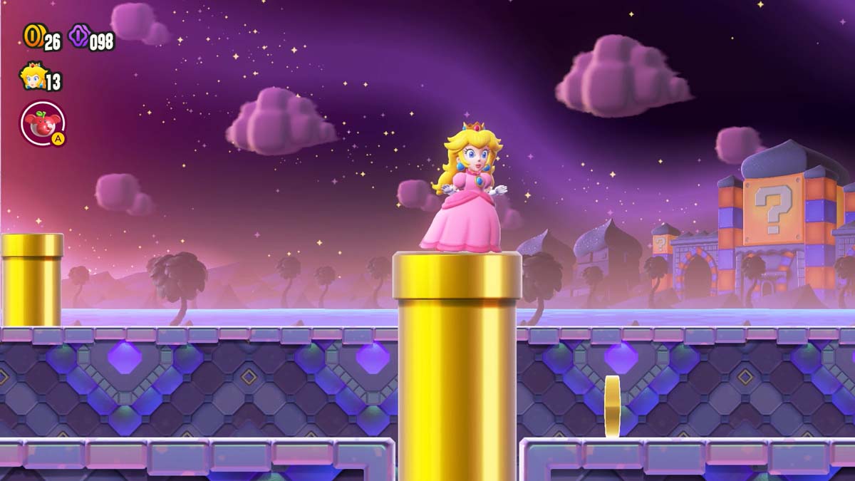 桃子公主站在金色管道上，映衬着神秘的紫色天空，凸显了游戏的暮光美学。