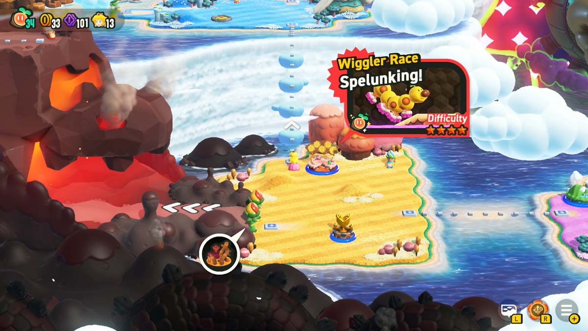 海滩场景与“Wiggler Race Spelunking”挑战，以超级马里兄弟奇迹游戏的火热山脉为背景。