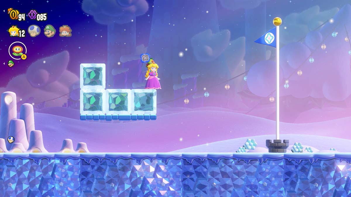 桃子公主完成了一个关卡，站在一块冰块上，上方是繁星点点的夜空，终点线旗帜就在眼前