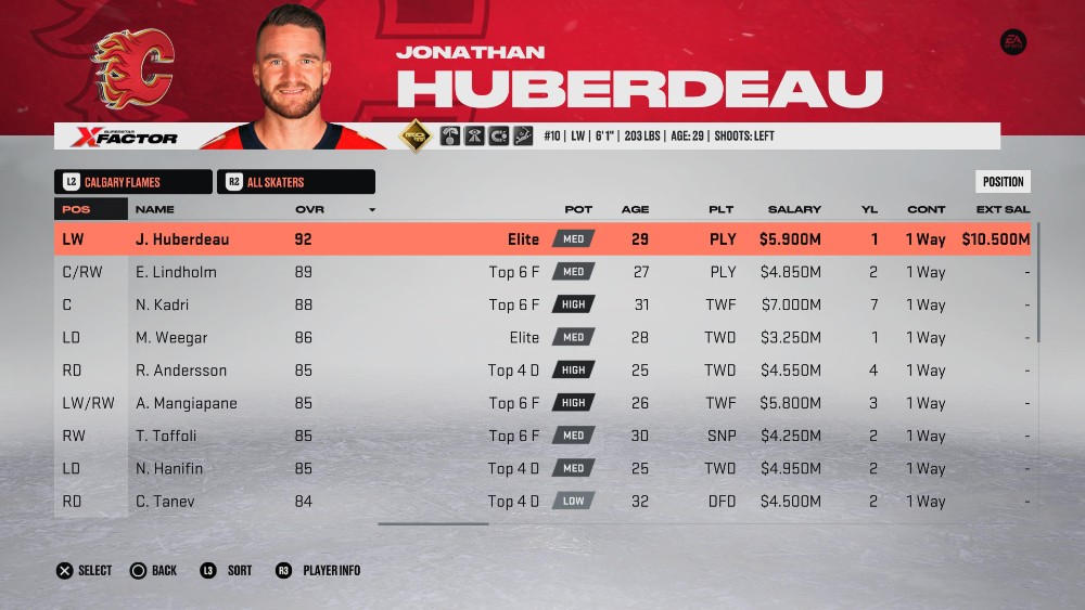 Jonathan Huberdeau - 卡尔加里火焰队最好的球员之一 - 如在 NHL 23 中所见。