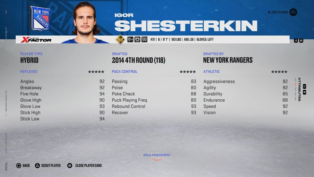 在 NHL 23 中看到的 Igor Shesterkin（最佳守门员之一）