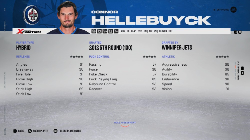 在 NHL 23 中看到的 Connor Hellebuyck