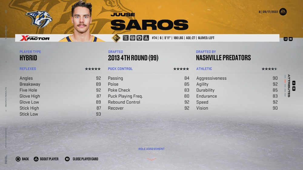 在 NHL 23 中看到的 Juuse Saros