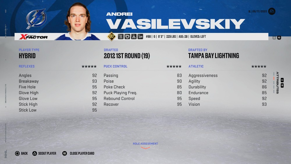 在 NHL 23 中看到的 Andrei Vasilevskiy（最佳守门员之一）