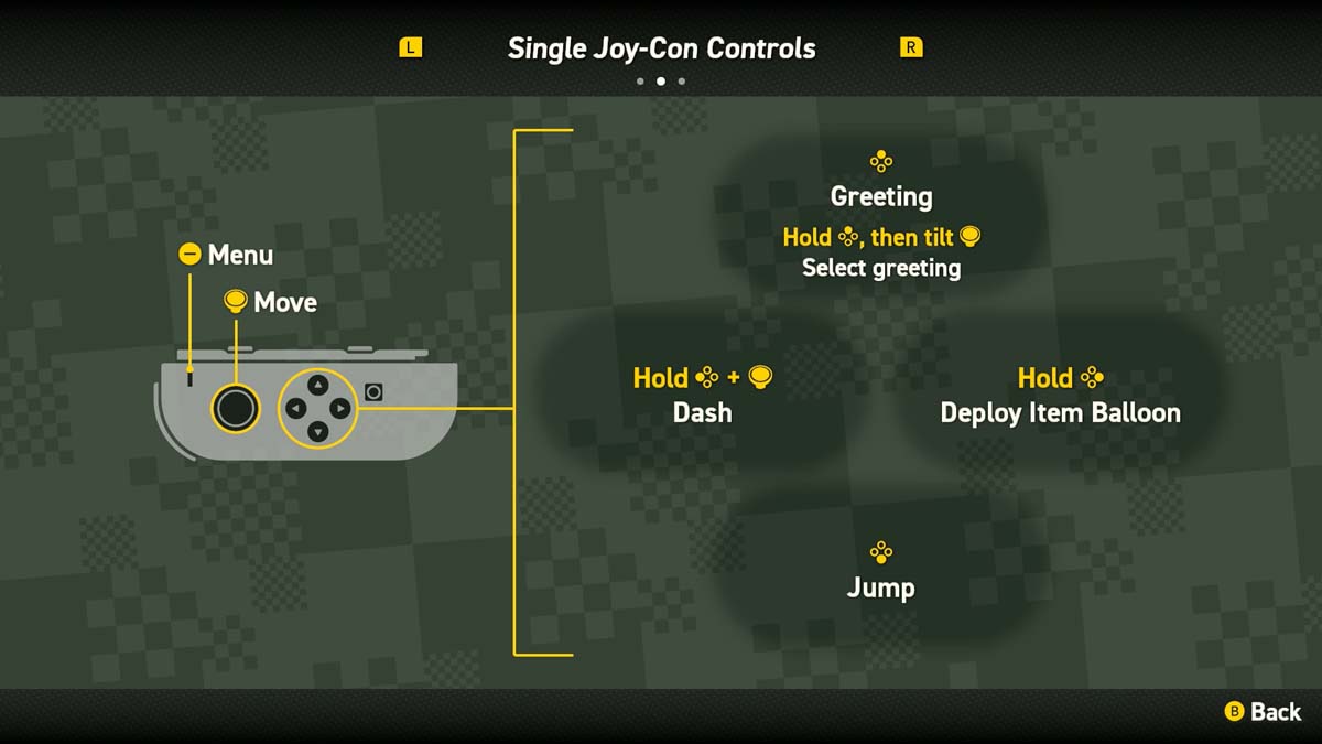 使用单个 Joy-Con 玩“超级马里奥兄弟奇迹”的控制指南，展示如何移动、问候、冲刺、部署物品气球和跳跃。