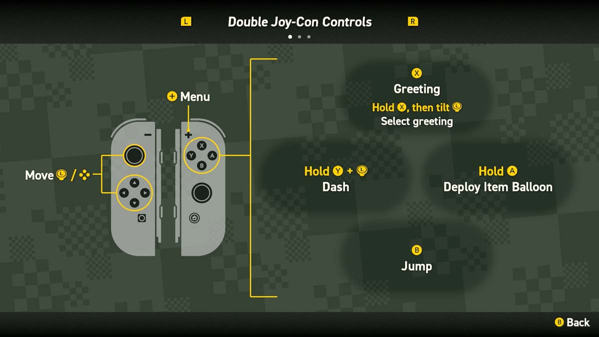 使用双 Joy-Con 控制器的“超级马里奥兄弟奇迹”控制指南，说明移动、问候、冲刺和跳跃动作。