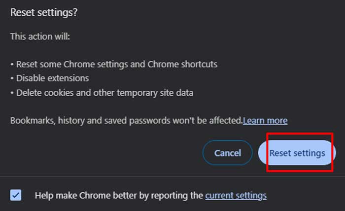 重置 Chrome 设置