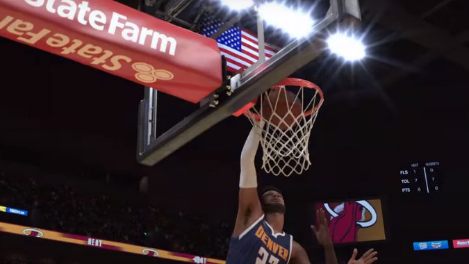 《NBA 2k24》中一名球员在比赛中扣篮的动作镜头