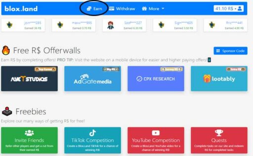 免费 Robux 赚钱网站 Bloxland