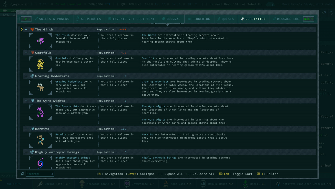 游戏《Caves of Qud》的屏幕截图显示了玩家在派系中的声望等级