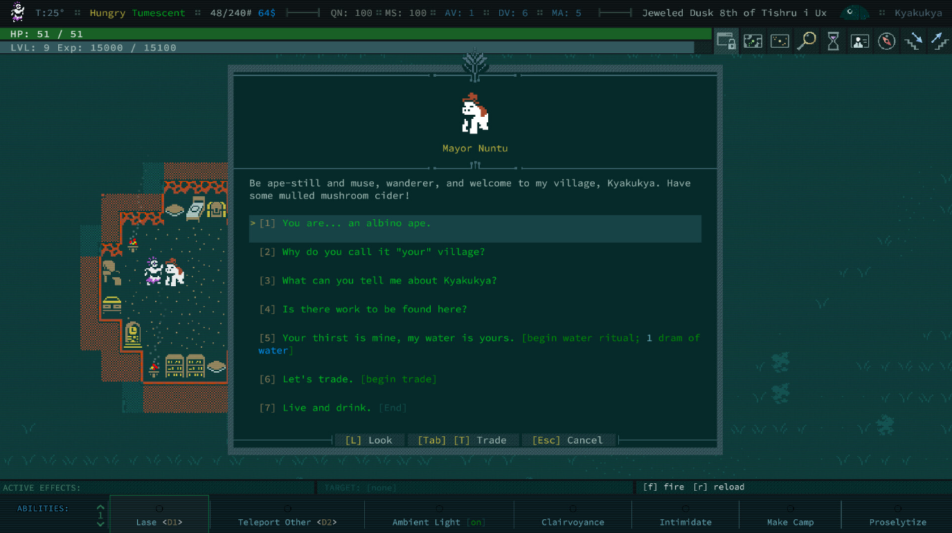 游戏《Caves of Qud》的屏幕截图显示了玩家和白化猿之间的对话树