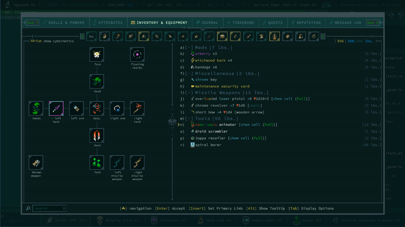 游戏《Caves of Qud》的屏幕截图显示了玩家的库存屏幕