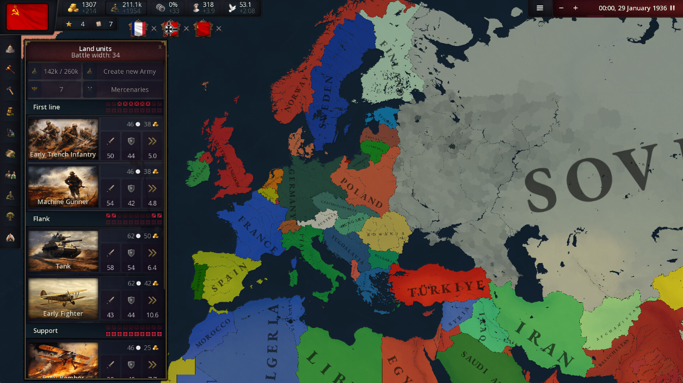 《Age of History 3》游戏的屏幕截图，显示了用户界面，其中打开了一个显示土地单位的窗口，背景是 1936 年的欧洲地图
