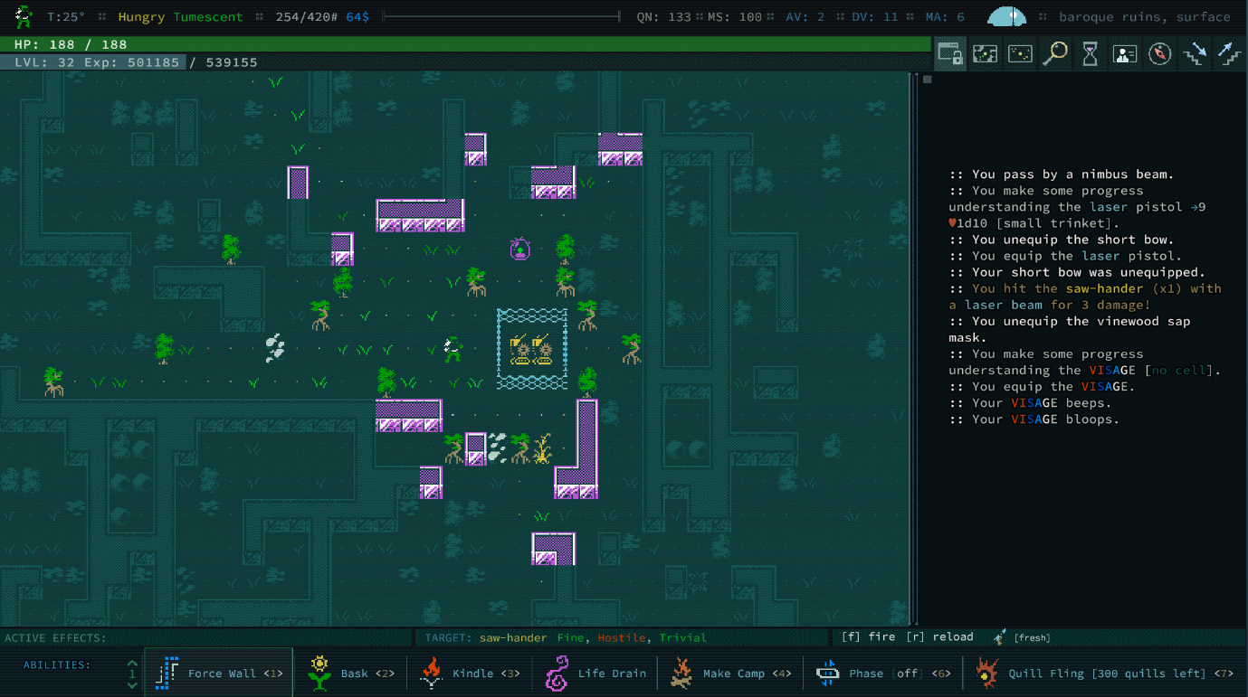 游戏 Caves of Qud 的屏幕截图显示了主游戏屏幕