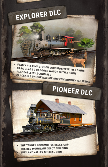 Una imagen promocional de la página de Steam mostrando las características de cada uno de los DLCs del día de lanzamiento para Railroads Online.