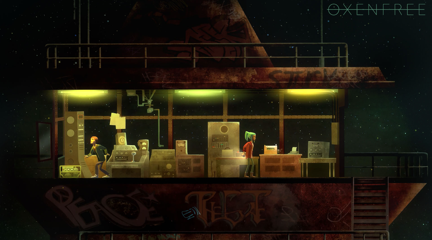 游戏 Oxenfree 中带有两个角色的某种控制室