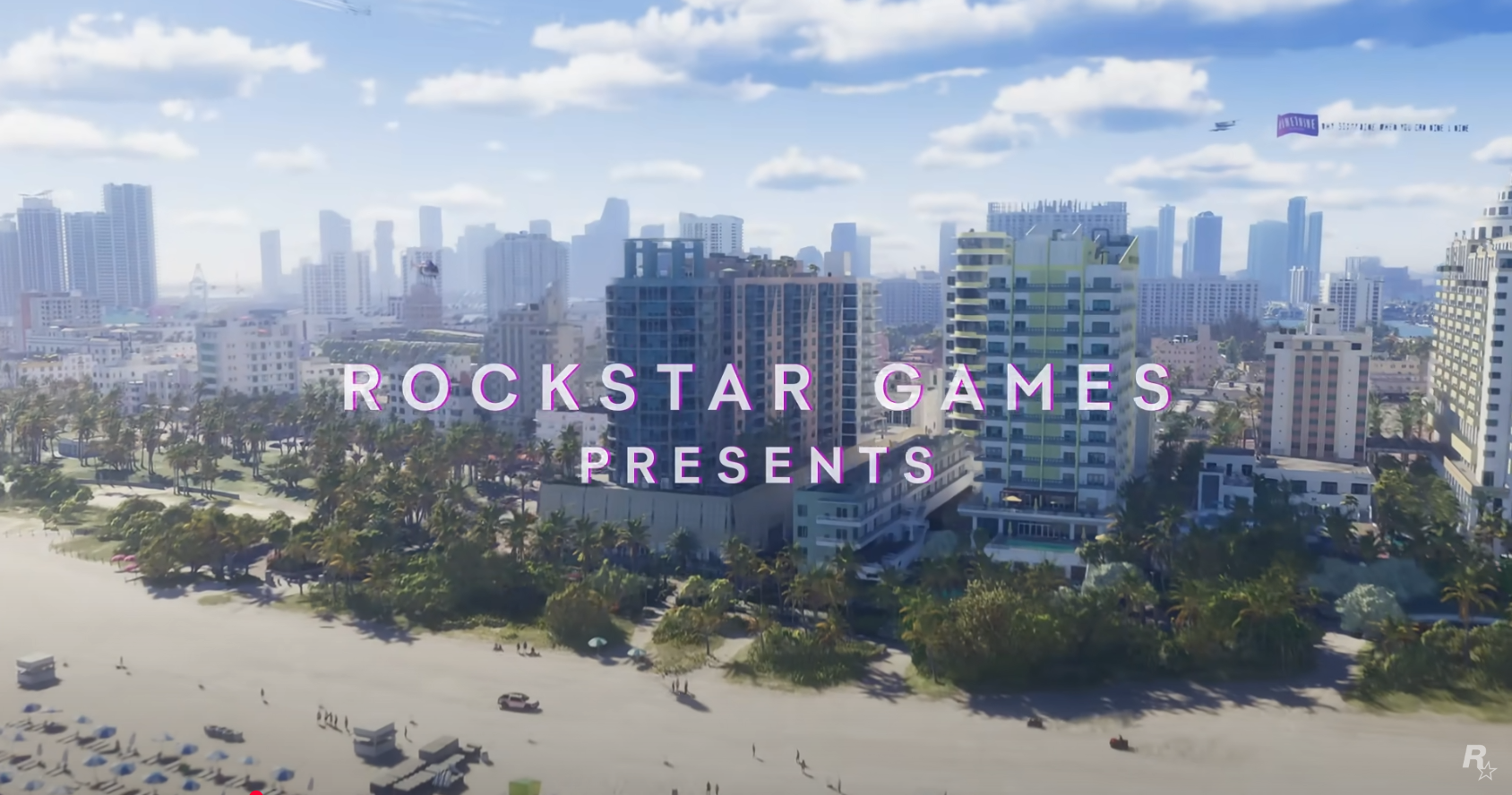 “Rockstar Games Presents”字样全部大写，后面是一座密阿玛式的海滨城市