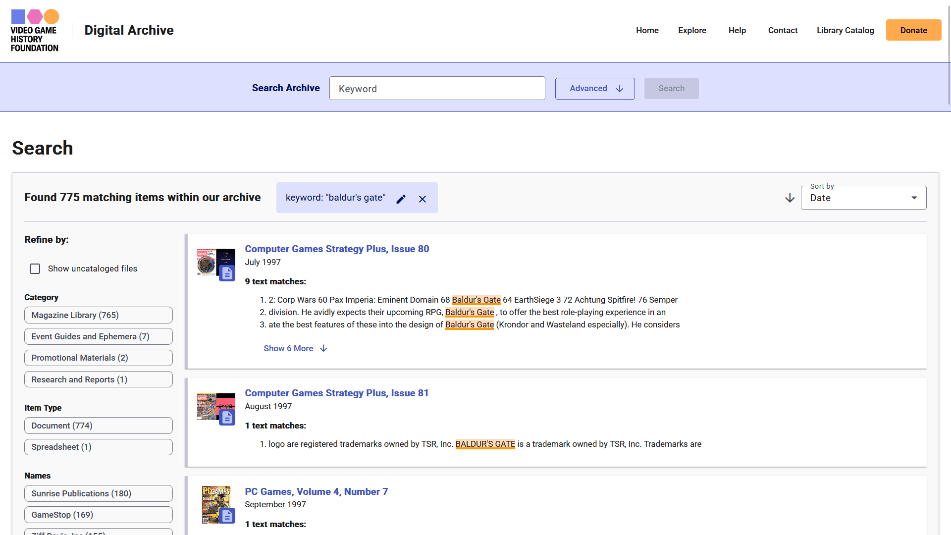 视频游戏历史基金会的数字档案库中的屏幕截图，显示了Baldur大门的搜索结果