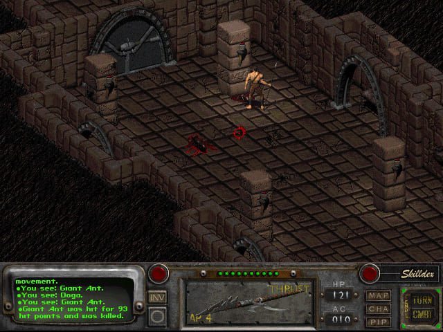 Fallout 2的屏幕截图显示一个男人站在支柱后面