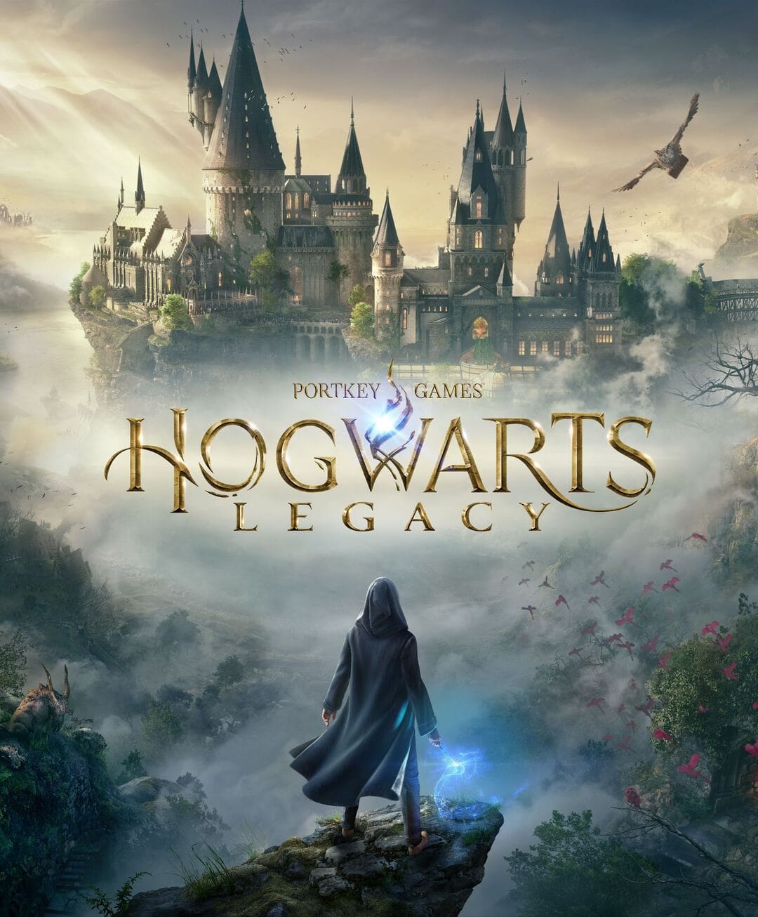 Game Hogwarts Legacy的重要艺术，展示了一只巫师，握着一根魔杖，面向Hage的Hogwarts Wizard School，Harry Potter