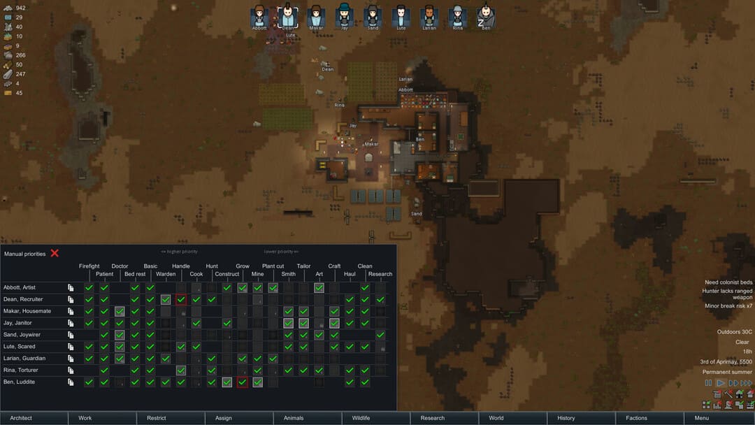 游戏Rimworld的屏幕截图显示了工作人员的优先事项和基础上的自上而下的视图