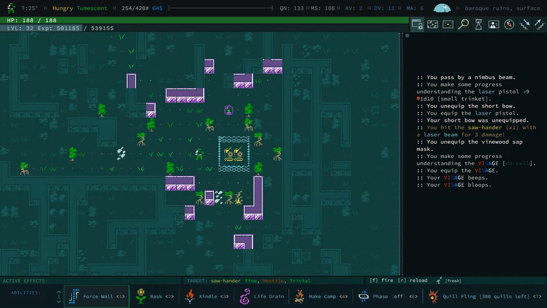 QUD游戏洞穴的屏幕截图显示像素艺术和GUI