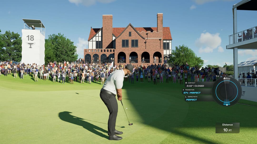 PGA Tour 2K25的屏幕截图，显示了一名高尔夫球手，朝绿色的孔朝上