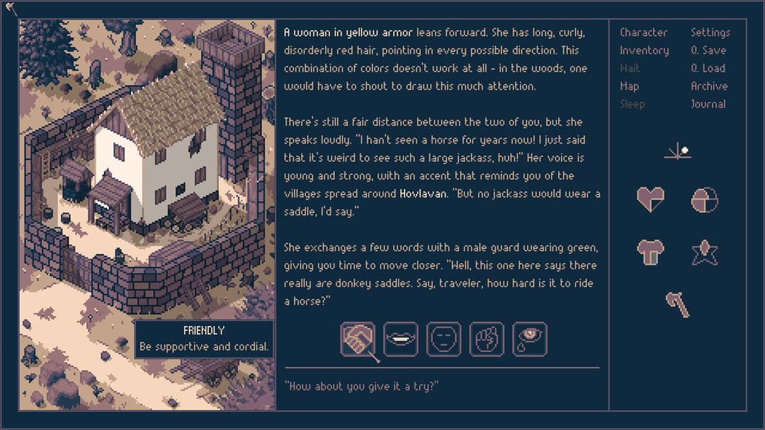 游戏Roadwarden的屏幕截图，显示了文字繁重的Pixel-Art RPG游戏 