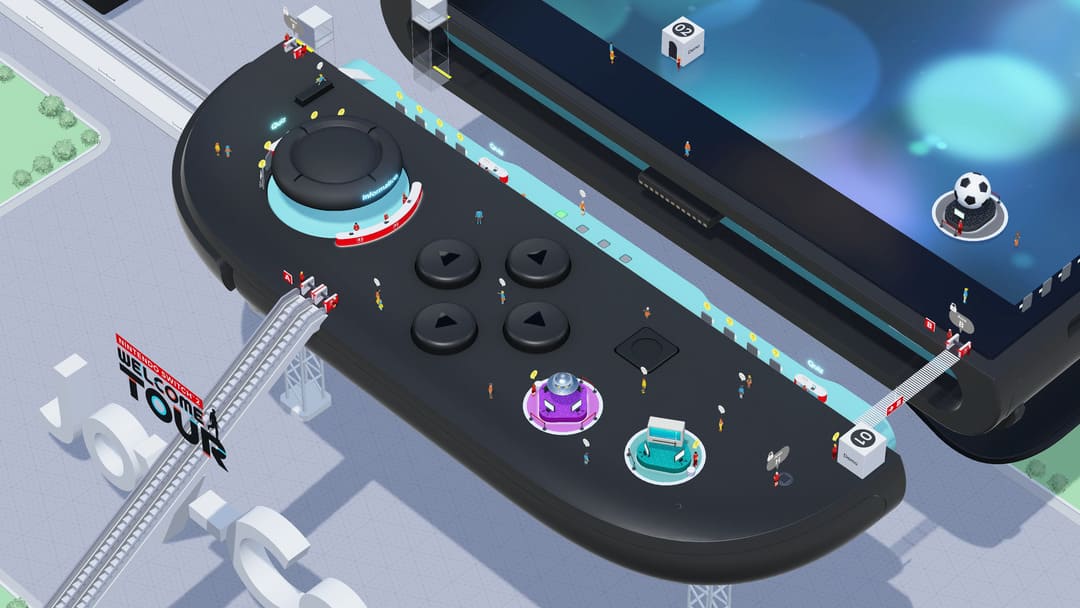 Nintendo Switch 2欢迎巡回赛中的屏幕截图，显示了一个JoyCon控制器，小人物周围行走。