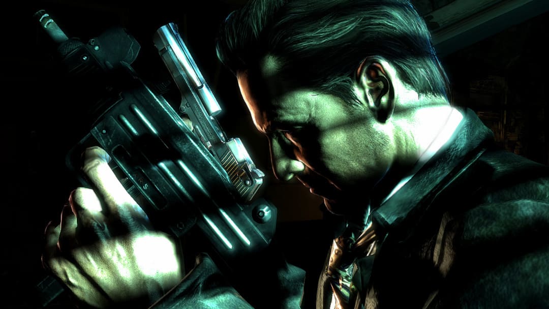 游戏中的屏幕截图Max Payne 3显示了Max在Spaters Lighting中挥舞着两支枪