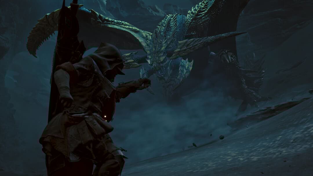 游戏中的屏幕截图怪物猎人野人（Monster Hunter Wilds）展示了猎人在黑暗洞穴中对怪物的攻击做准备。