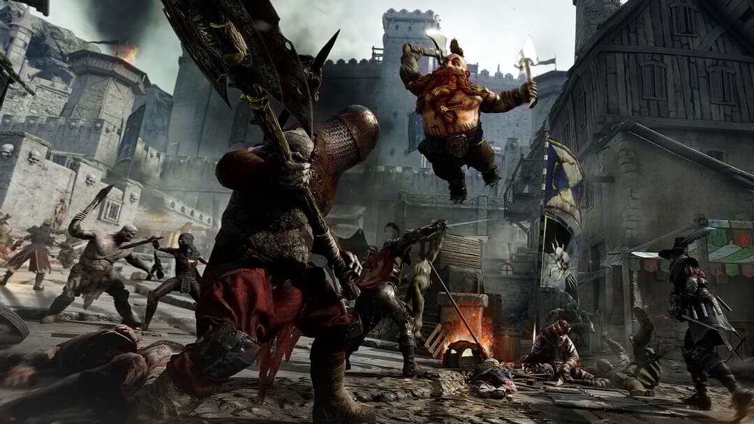 游戏《战锤：Vermintide 2》中的屏幕截图显示了一个矮人角色，用巨大的武器向后卫发射了自己。