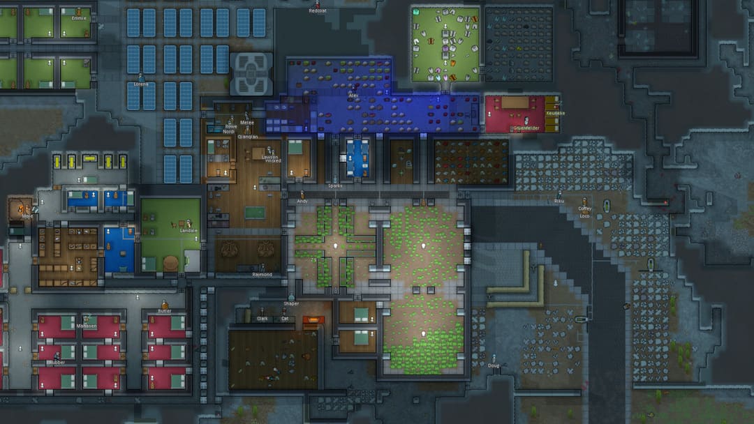 游戏Rimworld的屏幕截图显示了从上到下的殖民地。