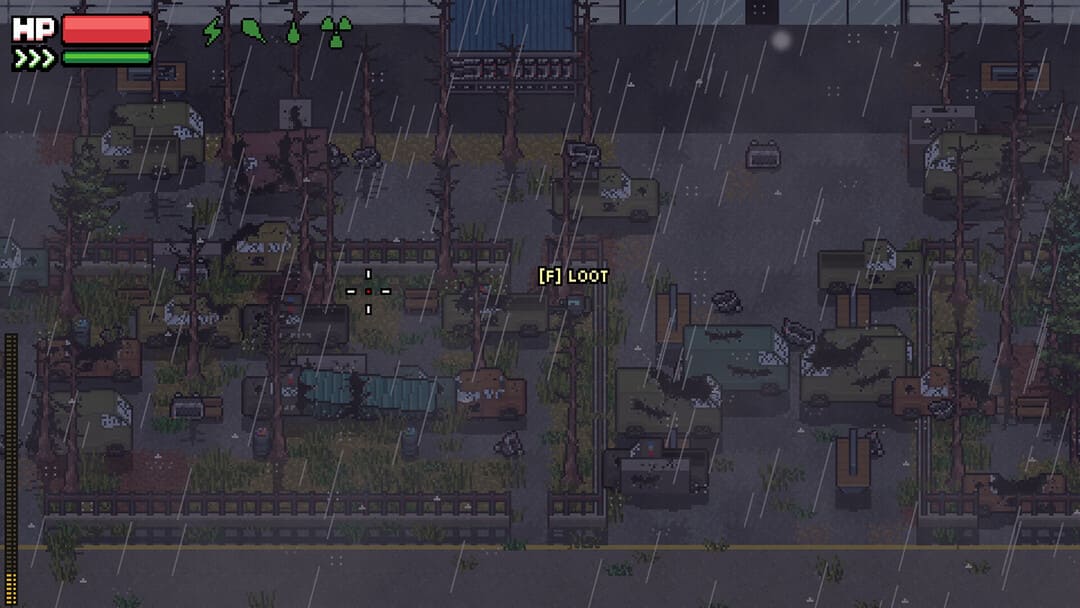 游戏中的屏幕截图零Sievert显示了一个下雨的自上而下的废弃场景，树木和破碎的汽车和UI文字“抢劫” 