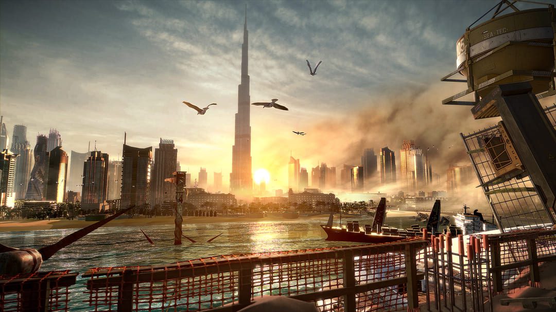 Game Deus Ex：Mankind的屏幕截图，在河后面显示摩天大楼