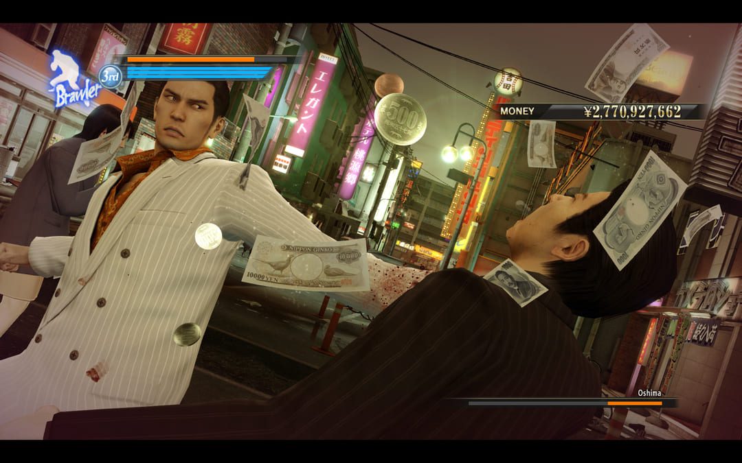 游戏中的屏幕截图yakuza 0显示了两个角色之间的争吵，而落在他们周围的钱