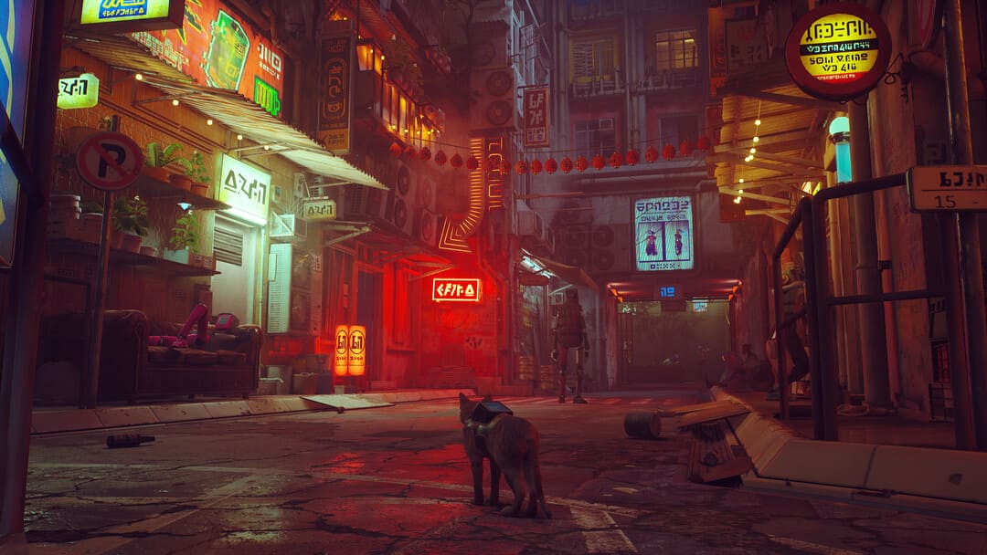 游戏流浪中的屏幕截图在霓虹灯的夜间城市场景中展示了一只猫