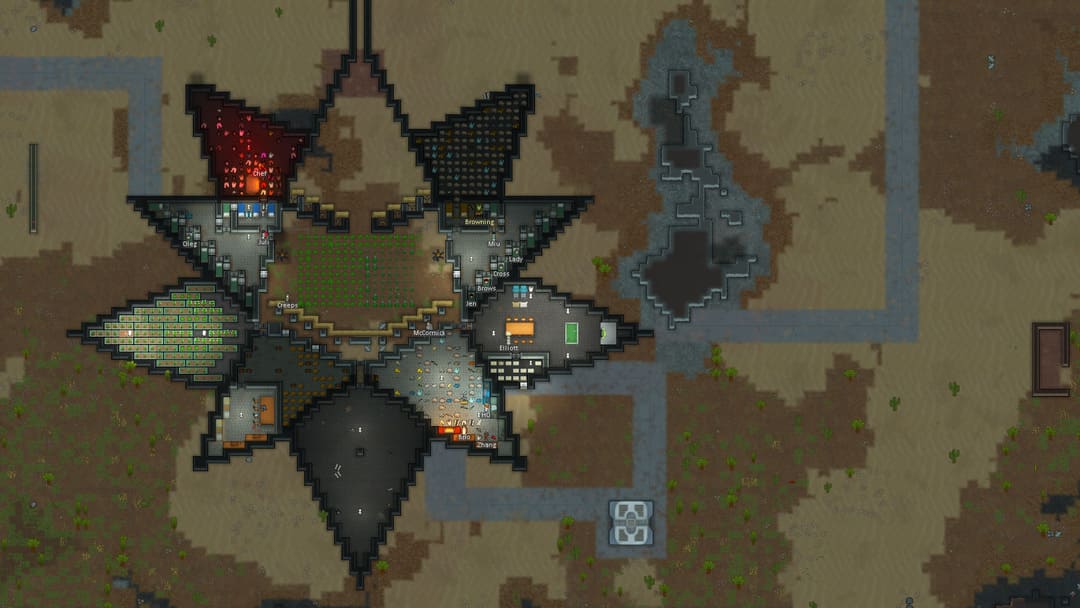 游戏Rimworld的屏幕截图显示了星形基地
