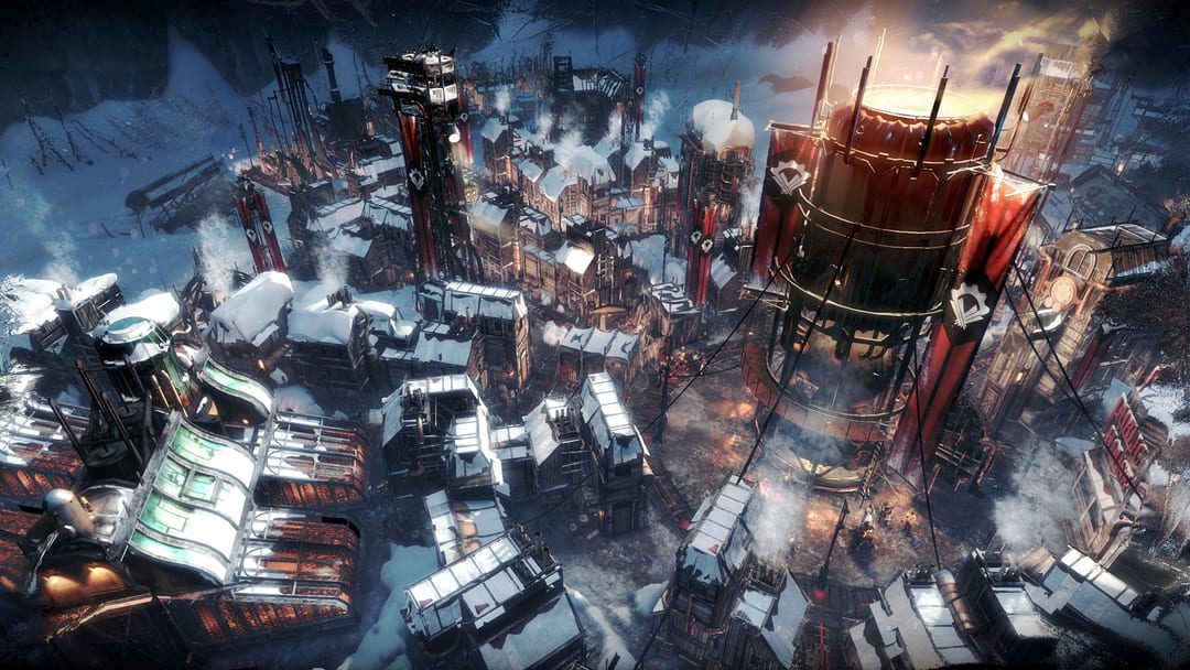 游戏Frostpunk的屏幕截图显示了一个冰冻荒原的Steampunk风格城市