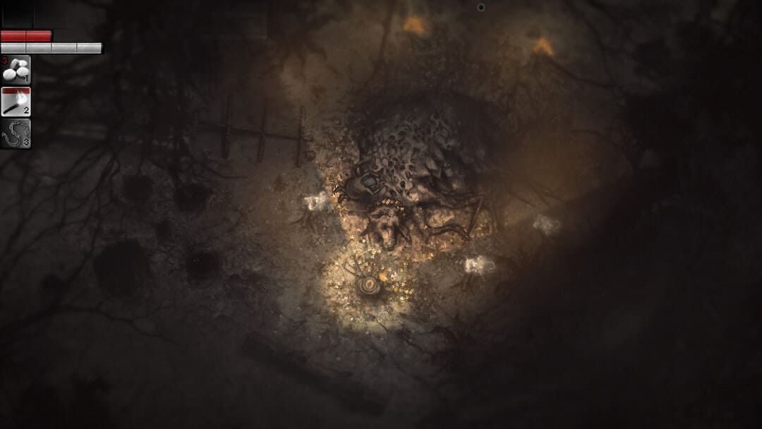 游戏Darkwood的屏幕截图显示了生物的遗迹，自上而下