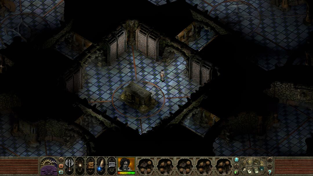 Game Planescape的屏幕截图：折磨：增强版，展示了带有坟墓的黑暗地牢