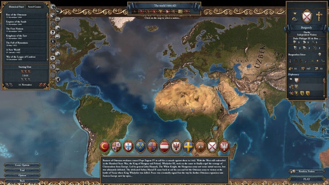 游戏中的屏幕截图Europa Universalis IV显示了1444年的世界地图