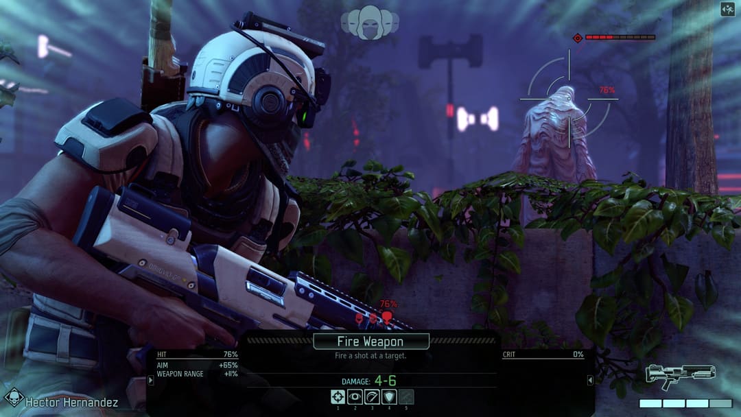 游戏XCOM 2的屏幕截图显示了Hector Hernandez的针对外星人的面向他的外星人